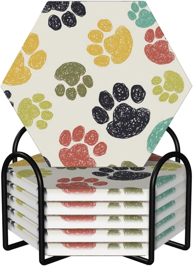 Cute Funny Dog Paw Print Hexagon Drinks Coasters Absorbent Stone with Holder Set of 6, Colorful Animal Beige Kids Cat Claw Footprint Ceramic Coaster for Coffee Table Protection (Hexagonal)