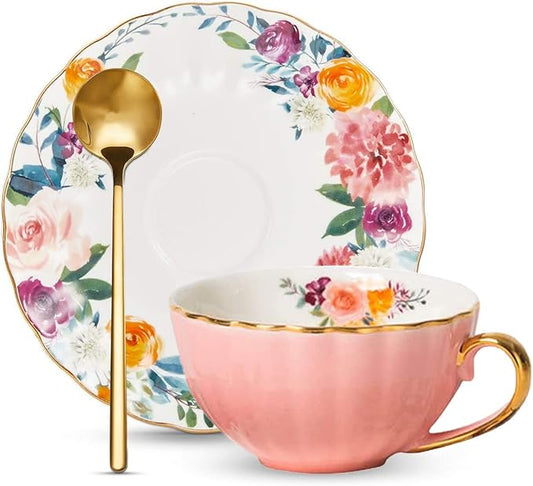 ONEUSTAR Tea Cup and Saucer Set for 1 Bone China English Tea Cup with Spoon Floral Teacup 8 oz British Coffee Latte Mug for Woomen Gifts, Pink