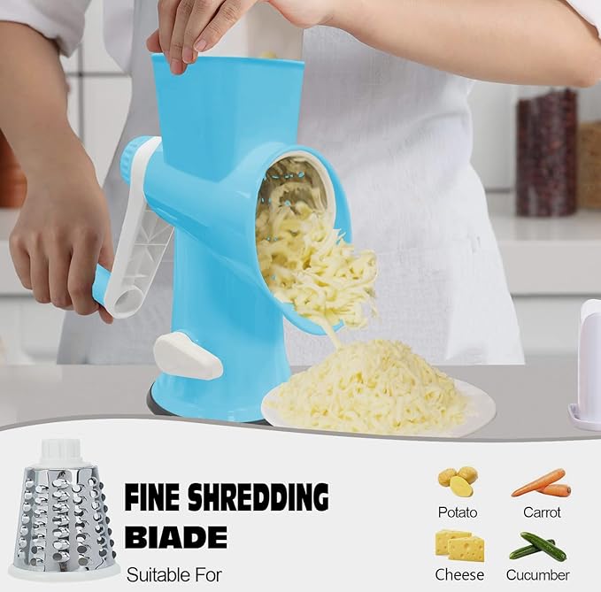 Cheese Grater with Handle,Multifunctional Rotary Cheese Grater,Kitchen Cheese Shredder Can Easily Chop Vegetables,Potatoes,Carrots,Etc.The Suction Cup is Stable and Easy to Clean (dark blue)