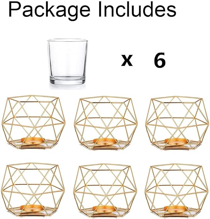 Geometric Tealight Candle Holders Gold - Votive Candle Stand Accents for Tea Light Decorative for Home Table Shelf Mantel Modern Geo Decoration Christmas Wedding Reception Décor, Gold, 6pcs