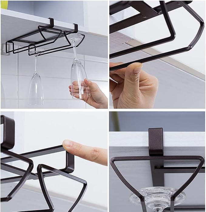 Hanging Wine Glass Holder Rack with 2 Rows, Nails-Free Under Cabinet Stemware Rack, Holds up to 8 Glasses, Glasses Storage Hanger for Home Kitchen Décor-Iron