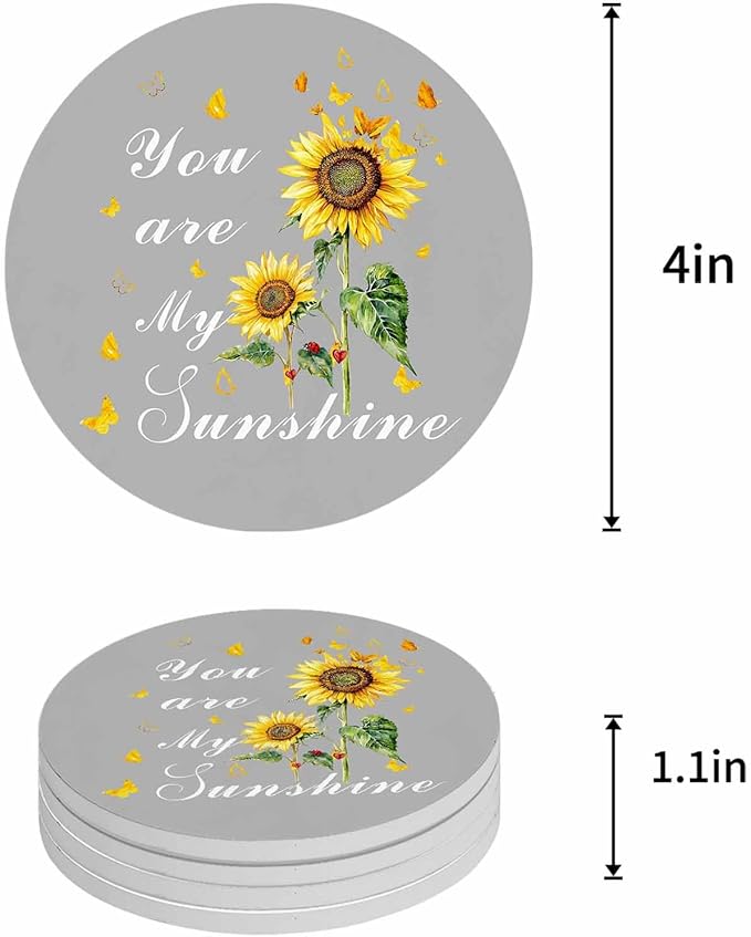 Coasters Set of 4 Sunflowers Drink Coasters with Holder Absorbent Stone Ceramic Cup Mat Grey Butterfly You are My Sunshine Coaster for Drinks Coffee Bar Office Kitchen Cafe Home Decor