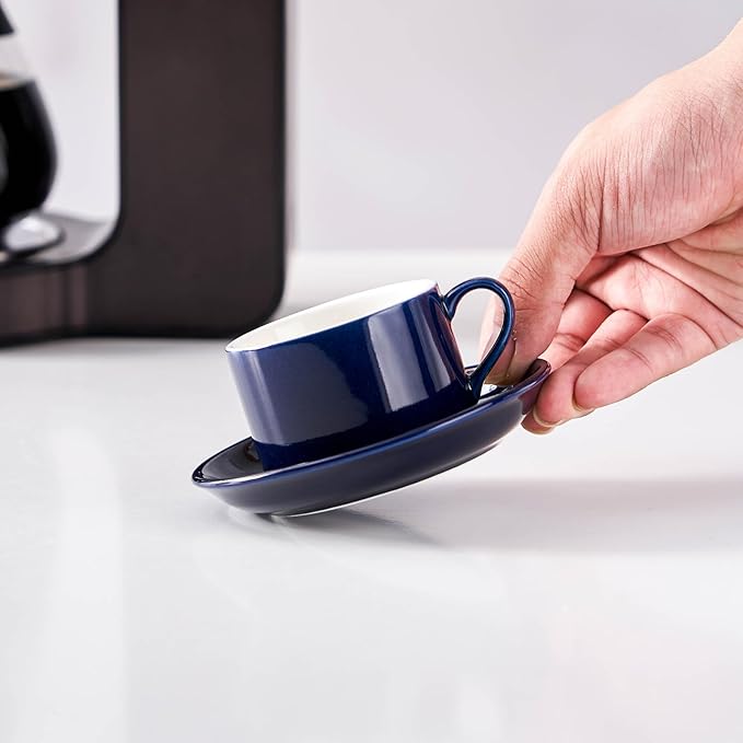 2.5oz Espresso Cups Set of 4, Porcelain Stackable Espresso Cups with Saucers and Metal Stand Set, Blue Expresso Shots Cup Set