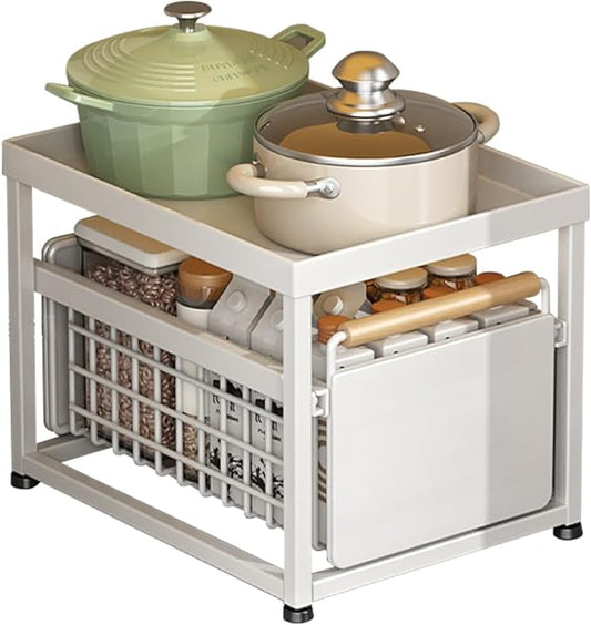 2 Tier Pull-out Storage Organizer, Slide Out Kitchen Cabinet Storage Sliding Shelves, Under Sink Organizers Drawer, Mesh Cabinet Basket with Handle for Bathroom, Home(White, Single Layer L)