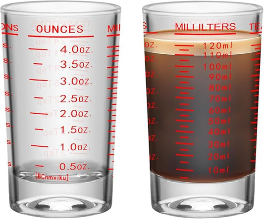 2Pcs Shot Glass Measuring Cup, 4 Ounce Heavy Base Jigger, Espresso Shot Glasses, Liquid Cup, Round Shot Glasses, Small Cups for Vodka, Whiskey, Tequila, Espresso, Liquor (2, Red)