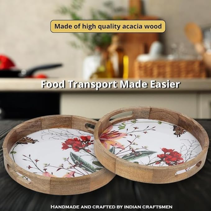 Zenith’s Decor Handmade Wooden Round Shape Tray for Serving Snacks, Appetizer Plate, Multipurpose Breakfast, Coffee Table 32 cm Diameter