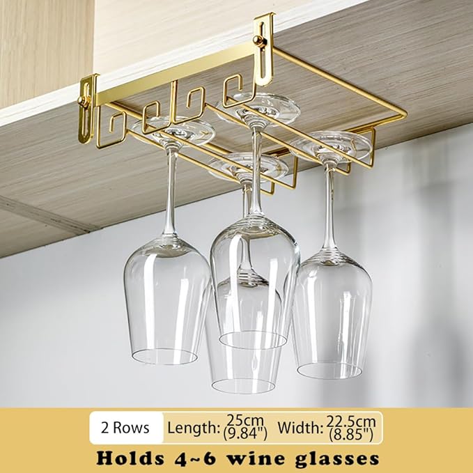 CAKERS Creative Wine Glass Holder|Under Cabinet Iron Art Stemware Rack|Hanging Wine Glass Drying Holder For Kitchen Bar Restaurant,Gold,2 Rows