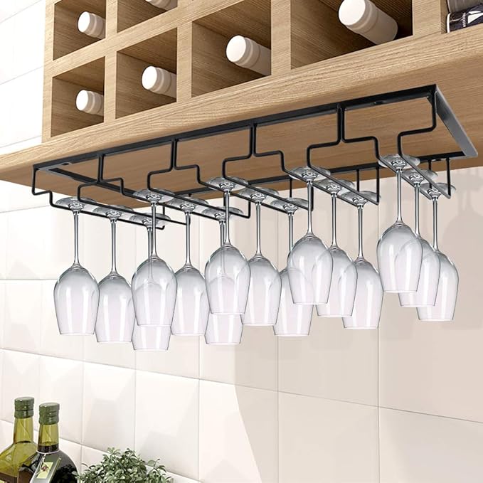 MOCOUM Wine Glasses Rack Under Cabinet Stemware Rack, Glass Hanger Rack Wire Glass Holder Storage Hanger for Cabinet Kitchen Bar (Black, 5 Rows 1 Pack)
