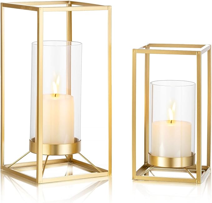 Gold Lantern Decorative Indoor: Set of 2 Wedding Lanterns with Hurricane Glass Modern Candle Holder for Table Centerpiece Fireplace Mantles Kitchen