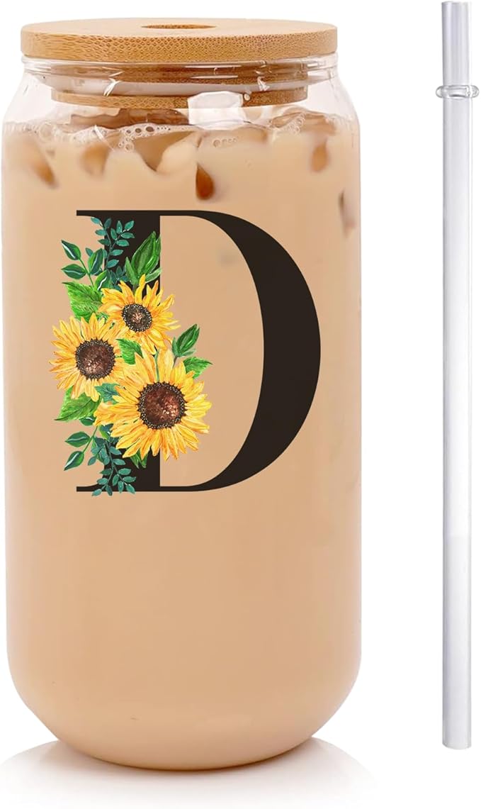Initial Glass Cups Sunflower with Bamboo Lids and Straws,16oz Iced Coffee Mug Tumbler,Monogrammed Birthday Gifts Mother's Day Sunflower Gifts for Women,Mom,Friend,Sister