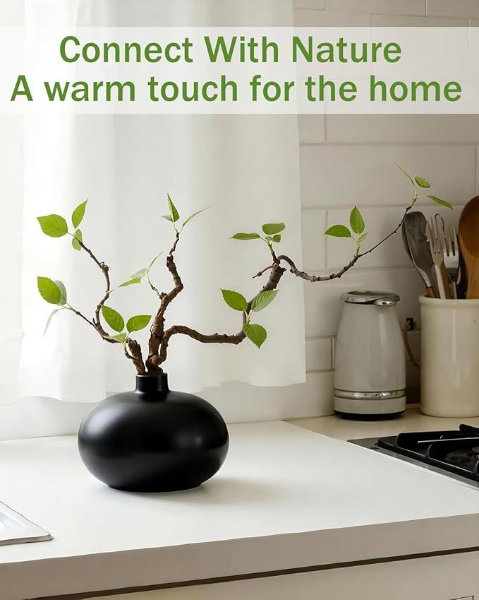 Vase with Greenery, 1 pc Artificial Stem with Black Vase, 20" Decorative Fake Plants Indoor, Small Plant for Bathroom Living Room Office Coffee Table Mantel Bookshelf Centerpiece Decor-Black