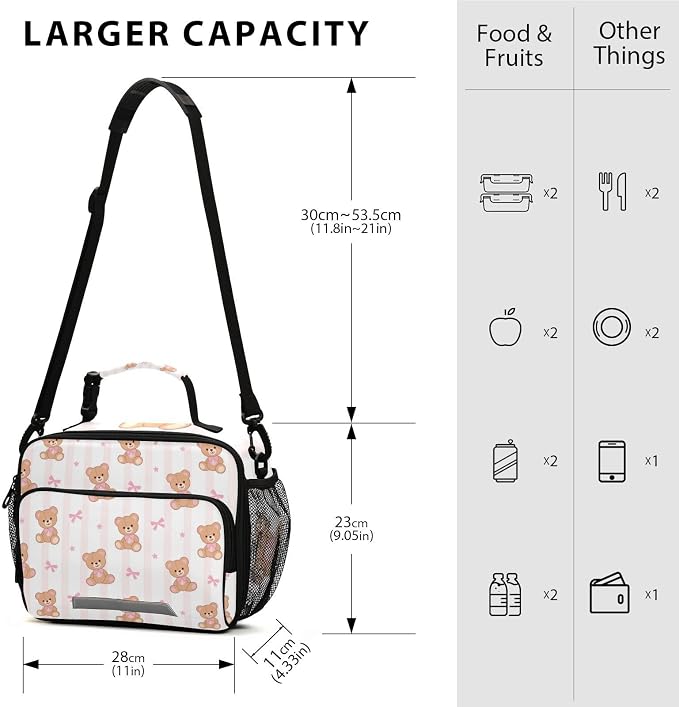 Kcldeci Teddy Bear with Pink Ribbon Bow Kids Lunch box Insulated Cooler Lunch Bag Back to School Thermal Meal Tote Kit for Girls, Boys,