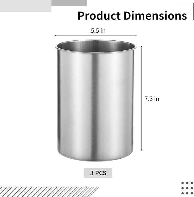 Homaisson 3 PCS Stainless Steel Kitchen Utensil Holders, 5.5 x 7.3 in Cylinder Kitchen Countertop Organizer, Dishwasher Safe Cooking Utensil Holder, Large Capacity for Cafe Restaurant Bakery