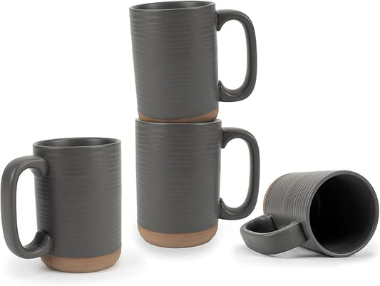 Elanze Designs Tall Ribbed Raw Clay Bottom Grey 16 ounce Ceramic Coffee Mugs Set of 4