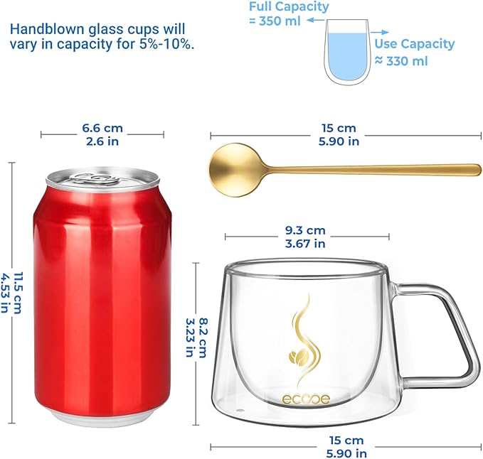 ecooe Double Walled Glass Coffee Mug 12oz Cappuccino Latte Macchiato Cups Set of 2 Clear Glass Coffee Cups with Handle, 350 ml (full capacity) Double Wall Glass Cup for Tea Milk Juice, Birthday Gifts