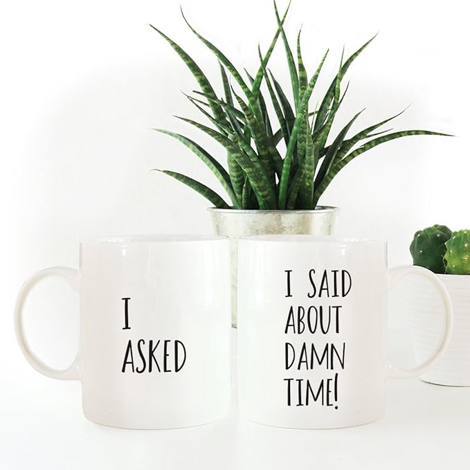 Andaz Press 11oz. Ceramic Ceramic Valentines Day Coffee Mugs Wedding Anniversary Couples Set, I Asked, I Said About Damn Time!, 2-Pack, Bride Groom Bridal Shower Wedding Valentines Day Ideas