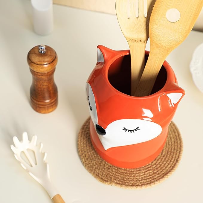 Ceramic Fox Cartoon Animal Pattern Kitchen Utensil Holder, Large Cooking Utensil Crocks for Kitchen Countertop, Cartoon Style Utensil Organizer
