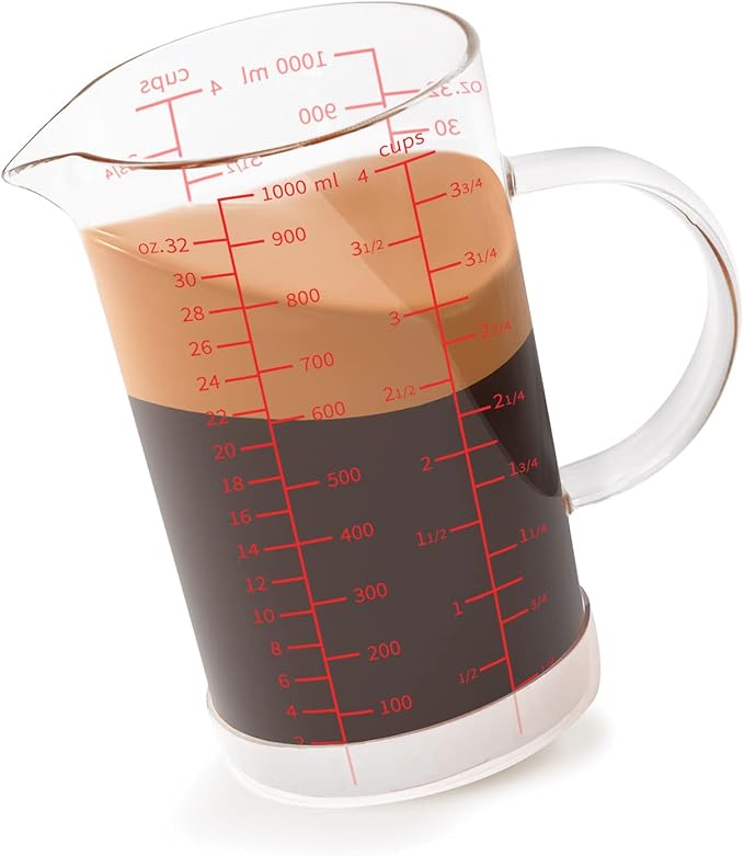 Newness Glass Measuring Cup with Handle, 1000 ML (1 Liter, 4 Cup) Double-Sided Scale Measuring Cup with Three Scales (OZ, Cup, ML/CC) and V-Shaped Spout, Measuring Beaker for Kitchen or Restaurant