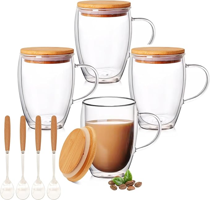 4 Pack 12oz Double Walled Glass Coffee Mugs with Bamboo Lid/Spoon, Clear Coffee Cups and Mugs Set of 4, Cappuccino Latte Glasses Cups, Espresso Mug Cups for Latte, Hot/Cold Drink