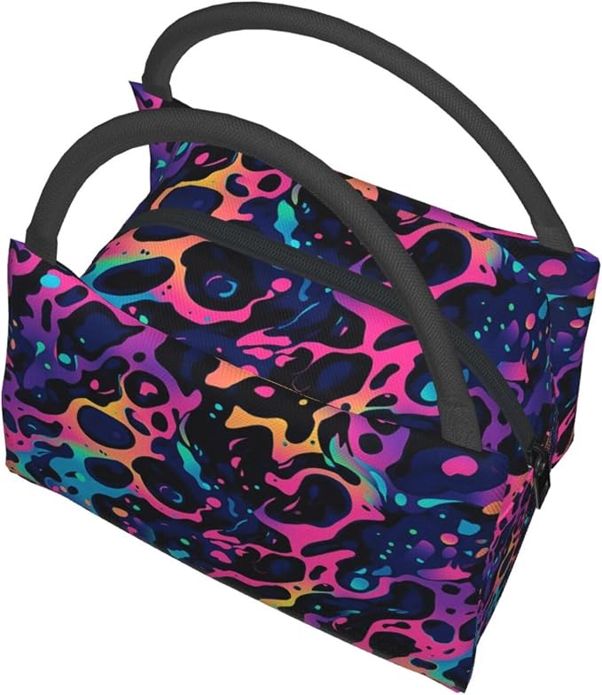 Neon Leopard Insulated Lunch Box for Kids Adults,Reusable Tote Bag with Colorful Abstract Art Pattern,Portable Lunchbox Handbag,Makeup Bags Organizer Gifts for Work Office Travel,11x6.3x6.7in