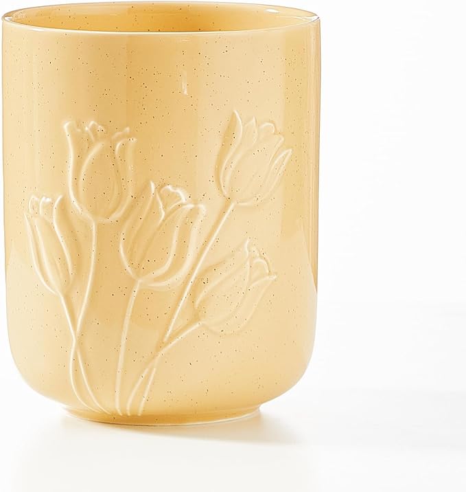 Tulips Beige Ceramic Utensil Holder Set, Large Kitchen Utensil Crocks – Modern Countertop Organizer for Cooking Utensils, Spatula, Spoons | Practical Kitchen Counter Decor