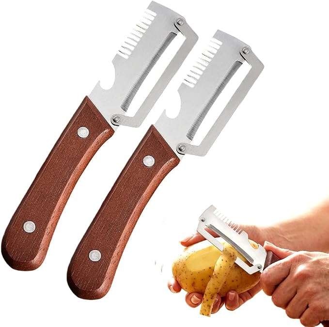 2026 New Multi-functional Vegetable Peeler, 3 in 1 Ktchen Multi-function Stainless Steel Thickened Fruit Peeler Knife with Wooden Handle, Suitable for Peeling Fruits and Shredding Scallions (2)