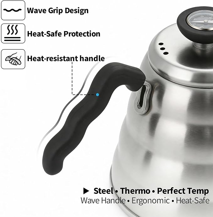 Gooseneck Kettle Stovetop 1.2L (40 oz) with Thermometer & 40 Filters - Stainless Steel Long Spout Tea Kettle for Precision Pour Over Coffee,drip coffee and Tea