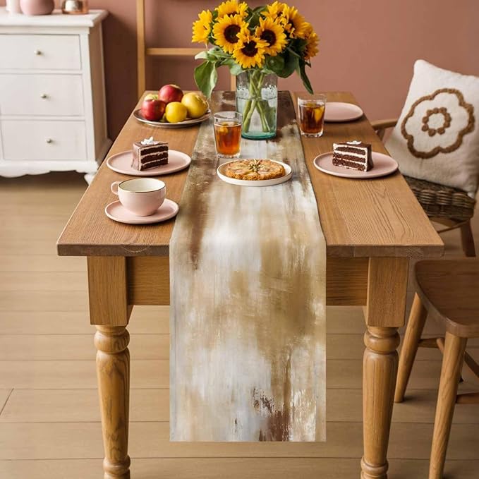 Abstract Minimalist Table Runners 108 Inches Long, Cotton Linen Fabric Table Runner Dresser Scarf, Modern Bohemia Aesthetic Ombre Brown Tablerunner for Party/Kitchen/Dinner/Wedding Decor 13"x108"