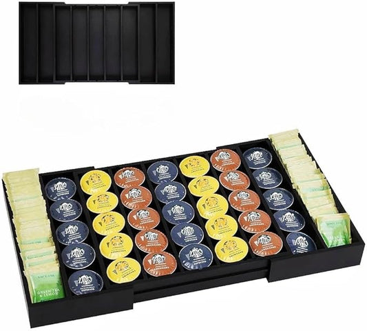 K Cup Holder Bamboo Coffee Pod Holder Drawer Organizer, Expandable K Cup Pod Storage Tea Bag Storage for Coffee Station Home Office and Kitchen （Black)
