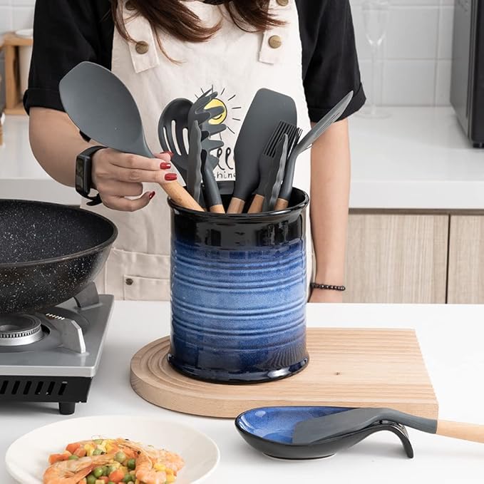Nihow Kitchen Utensil Holder and Spoon Rest: Ceramic Utensil Holder for Countertop - Stable Utensil Crock for Kitchen Counter Decor - Elegant Blue & Black