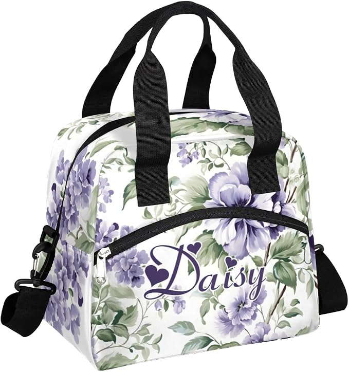 Personalized Flower Floral Lunch-Bag for Women, Custom Insulated Cooler Lunch Box with Name, Leakproof-Reusable Lunch Tote Bag for Work Office Picnic - Light Purple