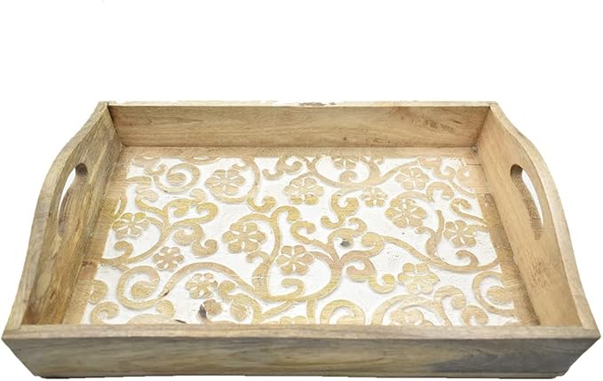 STORE INDYA Rustic Large Wooden Serving Tray Platter for Tea Snack Dessert with Handle Hand Carved Floral Design Kitchen Dining Serve-Ware Accessories 14 x 10 Inches (Beige)