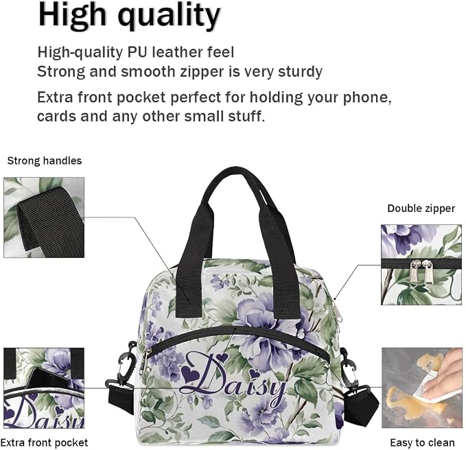 Personalized Flower Floral Lunch-Bag for Women, Custom Insulated Cooler Lunch Box with Name, Leakproof-Reusable Lunch Tote Bag for Work Office Picnic - Light Purple