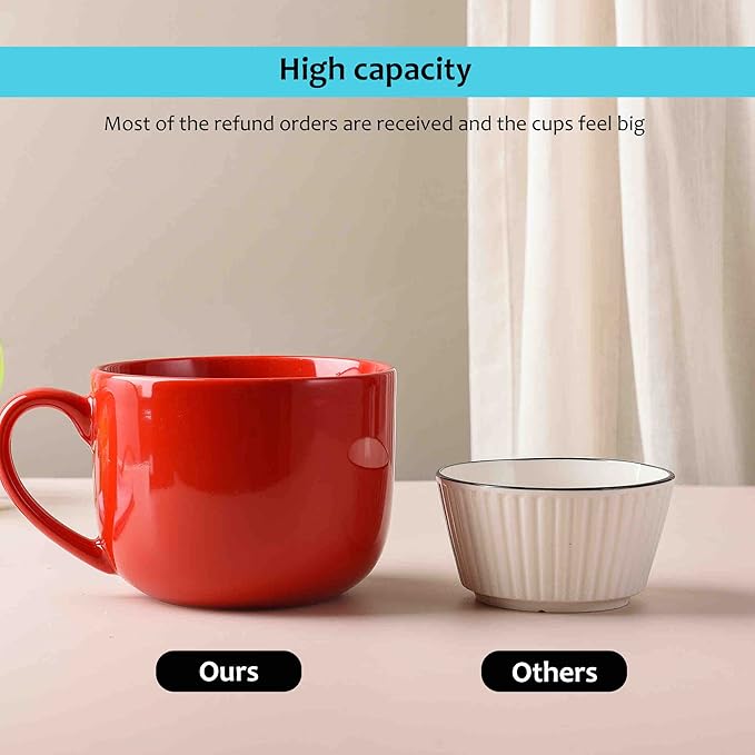 50oz large Ceramic Soup Mug with Handles for Coffee, Tea, Ice Cream, Cereal (red set of 2)
