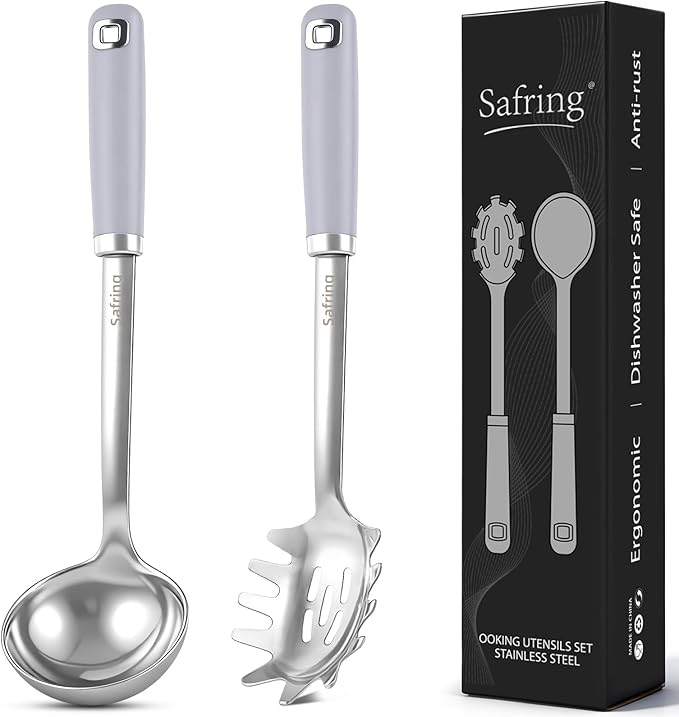 Safring Stainless Steel Soup Ladle and Spaghetti Spoon Set, Heat Resistant Rubber Handle, Dishwasher Safe, Kitchen Utensils for Cooking, Stirring, Serving Pasta, Soup & Sauce (Lavender)