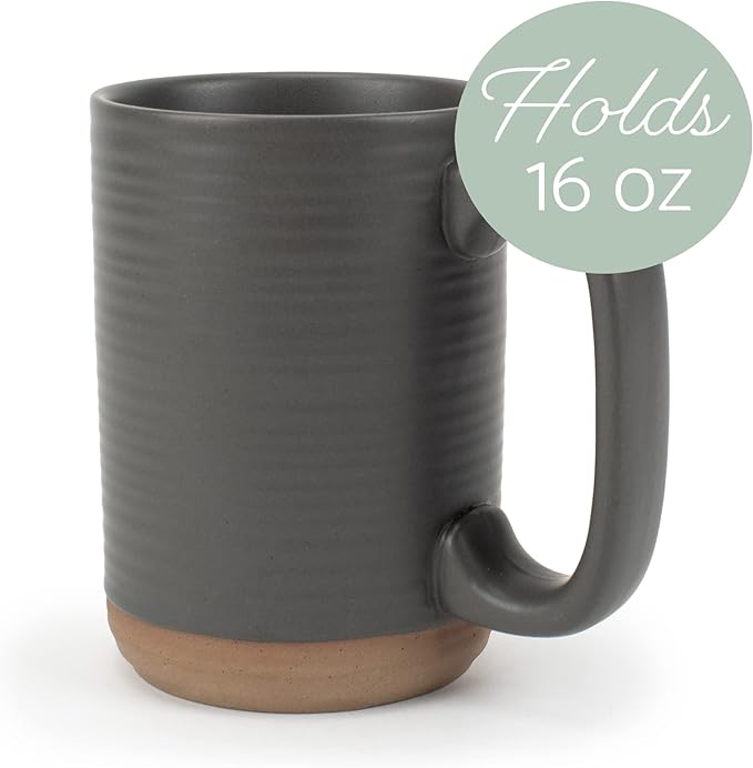 Elanze Designs Tall Ribbed Raw Clay Bottom Grey 16 ounce Ceramic Coffee Mugs Set of 4