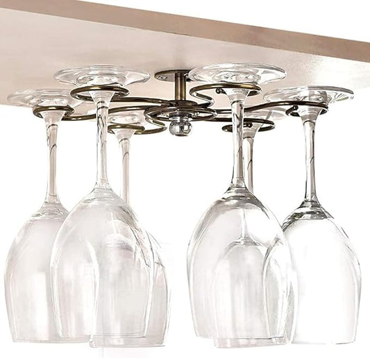 360° Rotation Hanging Wine Glass Rack,Under Cabinet Stemware Rack,Metal Glass Hanger Drying Rack With 6 Hooks for Home and Bar Storage