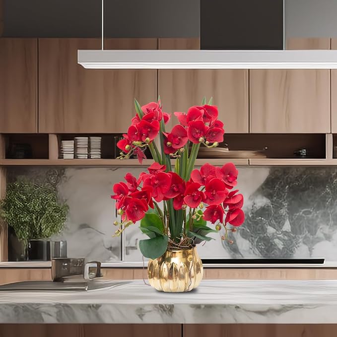 CXGS Artificial Orchid Flower Real Touch Faux Orchids in Ceramic Vase Large 22.9'' Fake Flowers Red Phalaenopsis Floral for Home Indoor Decor