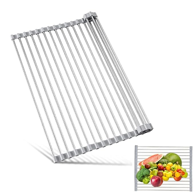 JAYWAYNE Roll Up Dish Drying Rack, Heavy Duty Stainless Steel Over The Sink Drainer, Foldable Space Saver with Heat Resistant Trivet Mat, 17.5 x 14 Inch