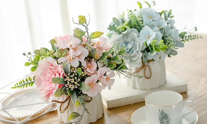 TKAS Fake Flowers Arrangement in Ceramic Vase, Artificial Faux Silk Roses & Hydrangea, Small Realistic Dried-Style Floral Dining Table Centerpiece for Wedding Party Home Decoration (Pink)