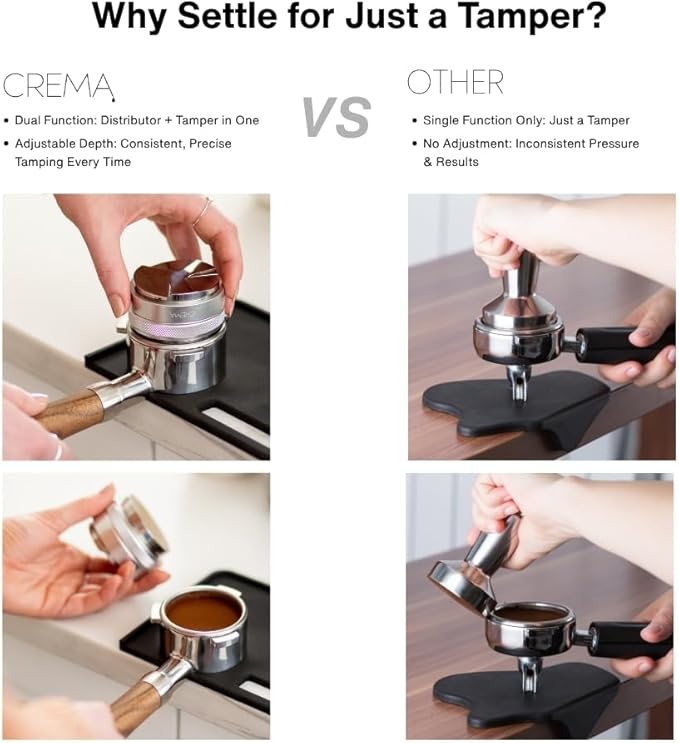 CREMA Coffee Products 53.3mm Hand Tamper & Coffee Distributor | Compatible with Breville Portafilters | Double-Sided, Adjustable Depth Tool | Made with Durable 304 Stainless Steel | Silver