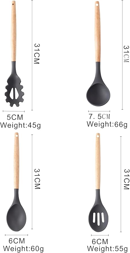 Silicone Cooking Kitchen Utensils Set – BPA‑Free, Non‑Toxic, Non-Stick, Heat‑Resistant to 446 °F, Non‑Scratch Wooden Handles + Utensil Holder (Black)