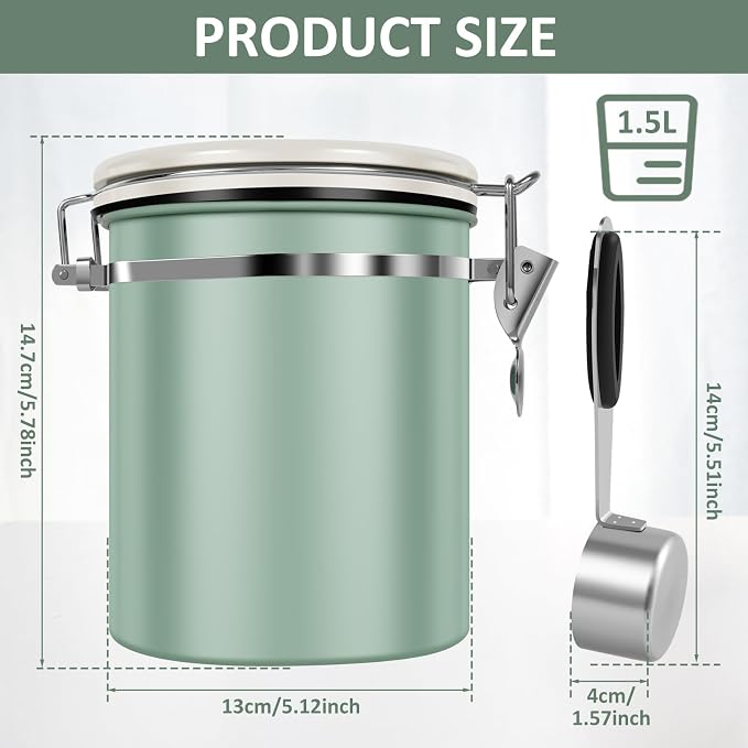 3PCS Coffee Storage Canister,1.5L 51OZ Double Airtight Coffee Beans Container with Date Locator,304 Stainless Steel Kitchen Food Storage Container with Spoon,for Coffee Beans Grounds Tea Sugar