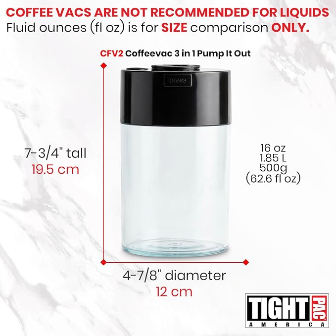 COFFEEVAC Pump It Out Airtight Coffee Container - Vacuum Coffee Storage Container for Ground Coffee Beans - Patented Vacuum Seal with Degassing Valve, 1 lb, Black/Clear