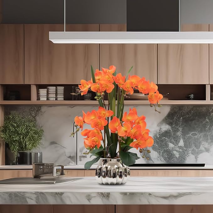 CXGS Artificial Orchid Flower Real Touch Faux Orchids in Ceramic Vase Large 22.9'' Fake Flowers Orange Phalaenopsis Floral for Home Indoor Decor