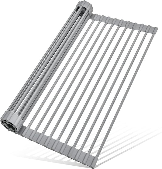 MERRYBOX Roll Up Dish Drying Rack, Silicone Wrapped Over The Sink Dish Rack Foldable Dish Drainer Anti-Slip Dish Racks for Kitchen Counter, Multipurpose Kitchen Sink Drying Rack, 18" x 13", Light Gray