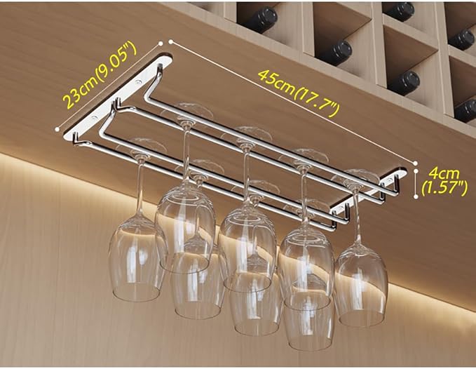 CAKERS Under Cabinet Hanging Stemware Display Rack|304 Stainless Steel Wine Glass Holder|Wine Glass Storage Organizer Hanger,2 Rows,45cm(17.7in)