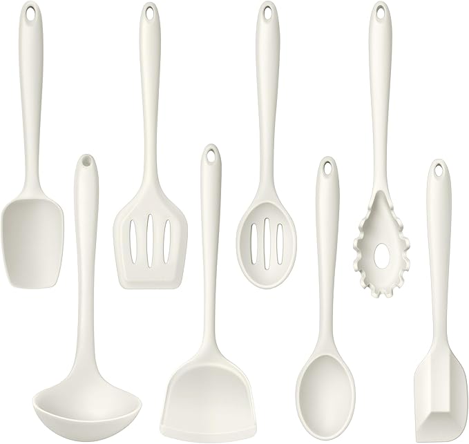 LIANYU 8Pcs Kitchen Cooking Utensils Set, Silicone Utensil Sets, Heat Resistant Kitchen Gadgets Essentials for Nonstick Cookware with Spatula, Spoon, Tuner, Ladle, Dishwasher Safe, White
