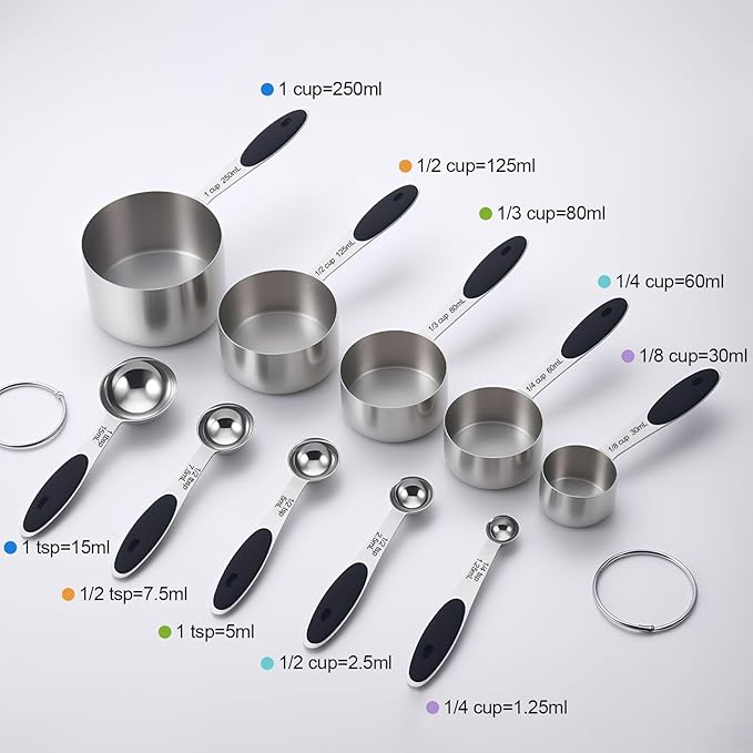 Stainless Steel Measuring Cups and Spoons Set of 10 Measuring Cups and Magnetic-Measuring Spoons Nesting Metal Measuring-Cups Set Soft Silicone Handles for Dry and Liquid Ingredients Cooking
