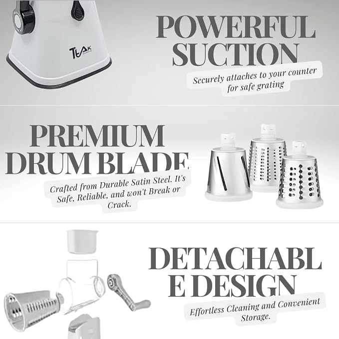 Rotary Cheese Grater - Multipurpose Kitchen Mandoline Slicer with 3 Stainless Steel Blades, Secure Suction Base, Easy to Clean, Ideal for Cheese, Vegetables, Nuts